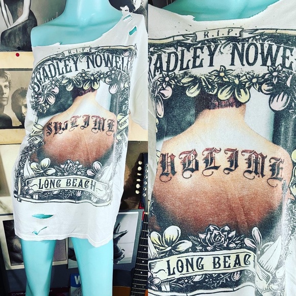 WHITE DISTRESSED 1990’s ALBUM ARTWORK OFF THE SHOULDER COTTON. M/L - Picture 4 of 5